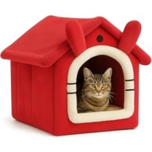 Hakay Yumuşak Kedi Yatağı | Derin Uyku Evi, Çıkarılabilir Minderli, Isı Yalıtımlı (Kırmızı)