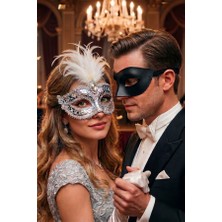 Zurafa Shop Çiftler İçin İkili Balo Maskesi Seti - Gri Renk Tüylü Kadın -Masguarde Erkek  Venedik   Maskesi Kombini