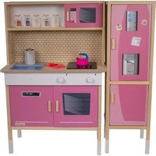 Hakay Pembe Ahşap Mutfak Seti, LED Ocağı ve Çalışan Musluk ile