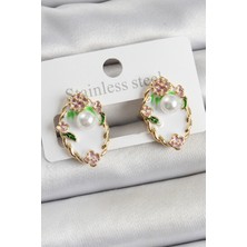 Youday Accessories Pirinç Beyaz Mineli Inci Detaylı Sanatsal Portre Model Gold Renk Kadın Küpe