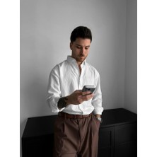 Elku Moda Erkek Yarım Düğmeli Dik Yaka Gömlek %100 Pamuklu Keten Dokulu Rahat Kalıp Gömlek Yazlık Salaş Bohem Stil Gömlek