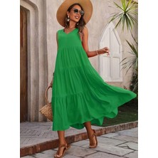 Livizmir Moda Kadın Askılı V Yakalı Uzun Dokuma Viskon Elbise