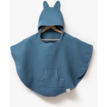 Hafy Baby 5 Renk Organik Pamuk, Kapüşonlu Müslin Bebek / Çocuk Pançosu / İndigo Mavisi