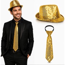 Altın Gold Payetli Şapka ve Kravat Seti – Işıltılı Parti Kombini