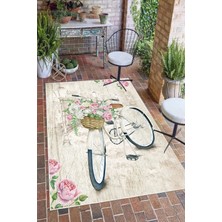 Pelura Halı Romantik Vintage Bisiklet ve Gül Desen Dijital Baskılı Yıkanabilir Kaymaz Taban Salon Halısı Yolluk