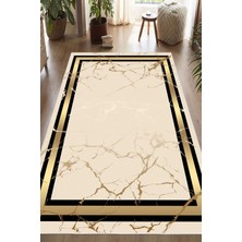 Pelura Halı Mermer Desenli Gold Çerçeveli Baskılı Yıkanabilir Kaymaz Salon Oturma Odası Hol Antre Halısı Yolluk