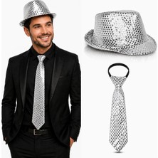 İsingir Shopping Gümüş Payetli Şapka Kravat Seti – Işıltılı Parti Kombini