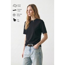 Allunique Kadın Interlok Pamuklu Bisiklet Yaka Siyah T-Shirt