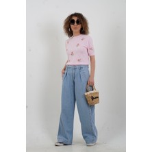 Zelish My Sister Mavi Önü Parçalı Pileli Denim Pantolon
