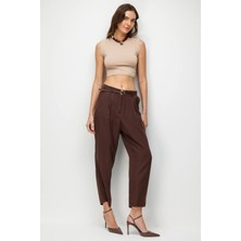 Accort Kemerli Cupra Pantolon-Kahve