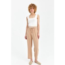 Accort Şerit Lastik Detaylı Keten Pantolon-Camel