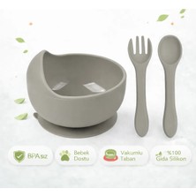 Jojobebek Vakumlu Silikon Mama Kasesi, Altı Vakumlu Mama Kasesi, Silikon Kaşık-Çatal / Gri