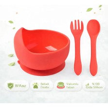 Jojobebek Vakumlu Silikon Mama Kasesi, Kaşık-Çatal / Kırmızı Renk