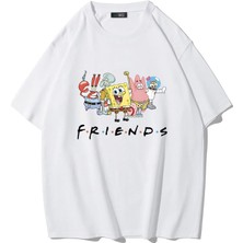 Brz Collection Unisex Oversize Sunger Bob Friends T-Shirt (Beyaz)