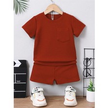 Mai Perla Kiremit Renk Pamuklu Waffle Kumaş Cep Detaylı Yazlık 2'li Takım Unisex 1 Yaş