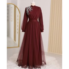 Moda Morfo Önü Taş Detaylı Drapeli Kemerli Tül Abiye -Bordo