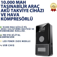 Hızlı Store 10.000 Mah Araç Akü Takviye Cihazı & Kompresör 150 Psı Dijital Ekran Jump Starter Powerbank LED Fener
