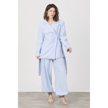 Diemmood Kadın Pile ve Kemer Detaylı Pantolon Lastikli Mavi Oversize Takım