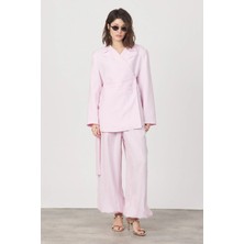 Diemmood Kadın Pile ve Kemer Detaylı Pantolon Lastikli Pembe Oversize Takım