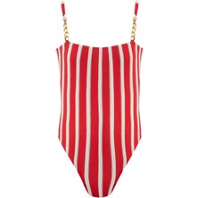 Lovekini Maria Red Stripe Kids Swimsuit With Gold Chain Straps