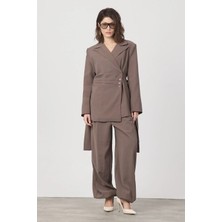 Diemmood Kadın Pile ve Kemer Detaylı Pantolon Lastikli Kahverengi Oversize Takım