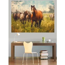 Mushen Studio Yeşil Çayırda At Sürüsü Pastoral Kanvas Tablo Klasik Duvar Dekoru Sanat Eseri Çerçevesiz Ev Ofis