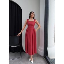 Esra Helvacı Puantiyeli Kalın Askılı Midi Elbise