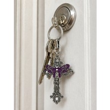 Herşey Nota Gotik Mor Butterfly Kafatası Detaylı Metal Anahtarlık Unisex