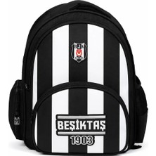 Beşiktaş Lisanslı 3 Bölmeli Çubuklu Desen Okul Çantası - Rubber Logolu Su Itici Kumaşlı Sırt Çantası