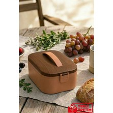 Gugga Lunchee - Çelik Bölmeli Sızdırmaz Ahşap Görünümlü Vakum Kapaklı Yemek Kabı Lunchbox 650 ml