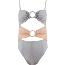 Lovekini Eva Nude Grey Kids Swimsuit With Silver Stripes Details