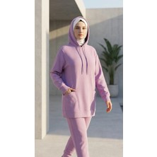 Plistre 2273_Lila Kapşonlu Tesettür Eşofman Takımı - %100 Pamuk 3 İplik, Cepli, Oversize Rahat Kesim, Mevsimlik Spor Takım