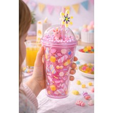 Mis Kitchen Unicorn Figürlü Pipetli Çocuk Bardak Şeker Desenli Suluk Kapaklı Renkli Bardak