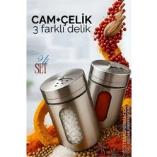 Twin Store Cam+Çelik Tuzluk Biberlik Karabiberlik 3 Farklı Delikli 2 Li Set 721944