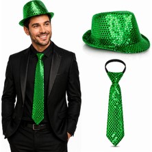 Twin Store Yeşil Payetli Şapka Kravat Seti – Işıltılı Parti Kombini