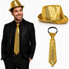 Twin Store Altın Gold Payetli Şapka Kravat Seti – Işıltılı Parti Kombini