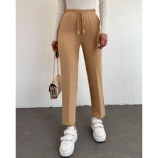 Moda Morfo Beli Lastikli Çift Cepli Bağcık Detaylı Pantolon       -Açık Vizon