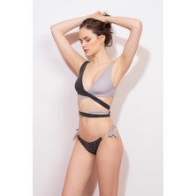 Lovekini Lia Black Grey Bikini With Silver Stripes Details