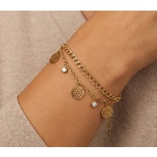 My Balli Store Altın Renkli Cift Zincirli Taş ve Pul Detaylı Çelik Bileklik
