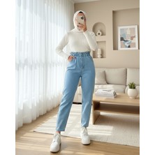 Moda Morfo Beli Lastikli Yüksek Bel Kot Pantolon     -Açık Mavi