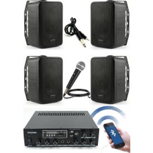 Rose Bluetooth Duvar Hoparlör Seti - 4 Adet Hoparlör + 1 Adet Amfi + 1 Adet Mikrofonlu Ev, Ofis, Mağaza Ses Sistemi