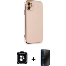 Marsilyan™- iPhone 11 Kılıf Yankı Serisi - Siyah 3D Antistatik Hayalet Cam Ekran Koruyucu + Turuncu Pvd Metal Kamera Lens