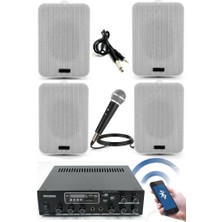 Rose Bluetooth Duvar Hoparlör Seti - 4 Adet Hoparlör + 1 Adet Amfi + 1 Adet Mikrofonlu Ev, Ofis, Mağaza Ses Sistemi