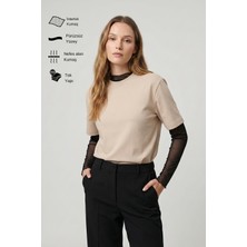Allunique Kadın Interlok Pamuklu Bisiklet Yaka Bej T-Shirt