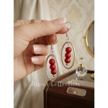 Jivva's Collection Özel Tasarım Gümüş Rengi ve Kırmızı Boncuk Detayla Şık Küpe