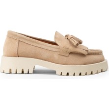 Deery Kadın Hakiki Süet Bej Püsküllü Loafer - 02033ZBEJC01