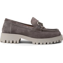 Deery Kadın Hakiki Süet Gri Tokalı Loafer - 02037ZGRIC01