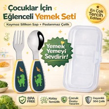 Jojobebek Uzay Figürlü Premium Çocuk Bpa Free Kaliteli Silikon Saplı Paslanmaz Çelik Uçlu Çatal-Kaşık Saklama Kutusu -Yeşil