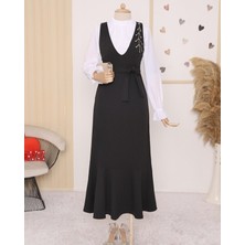 Moda Morfo Yakası Taşlı Kemerli Eteği Fırfırlı Jile -Siyah