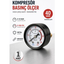 Badem10 Hava Çıkış Saati Kompresör Basınç Ölçer Manometre Metal Gövde 40 mm Arkadan Bağlantı 12 Bar 180 Psı